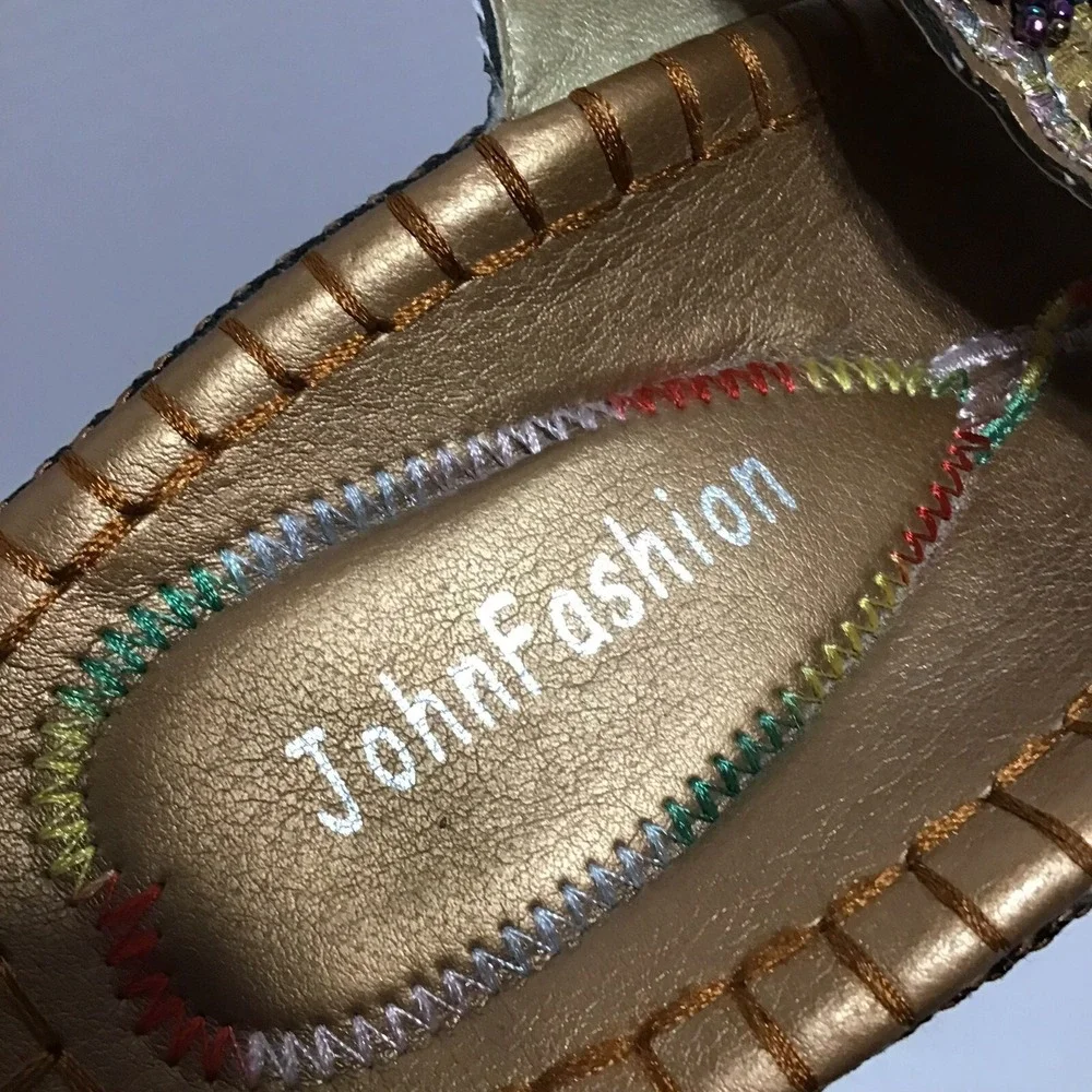 John Fashion Bronze Beaded Wedge Sandal Boho T-Strap Flip Flop Multi Color Beads